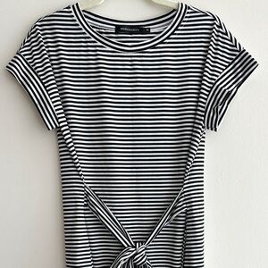 Merokeety Black and White Stripe Wrap Tie Front Knee Length Dress, Size Medium